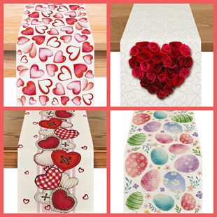 跨境亚麻桌旗情人节居家餐厅客厅餐桌亚马逊专供节日装 饰桌布桌子