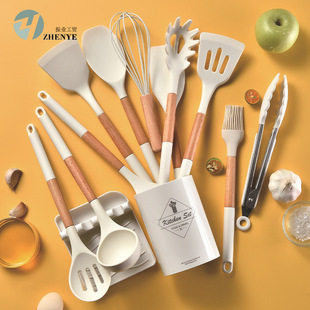 木柄硅胶厨具套装12件套不粘锅防滑尾套烹饪工具 kitchen utensil
