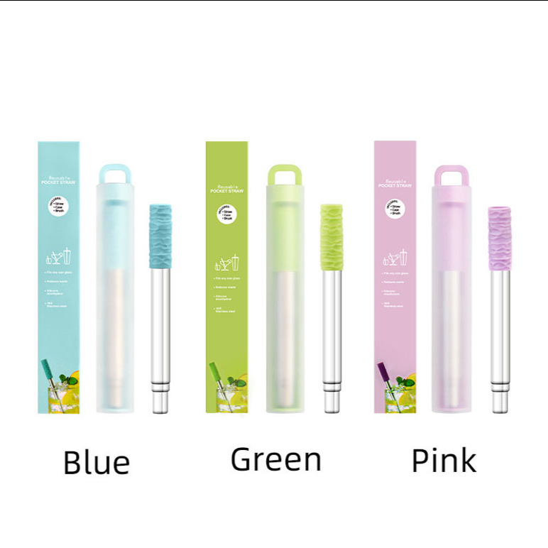 跨境电商304不锈钢伸缩吸管 可携式可折叠吸管纯色矽胶吸管装