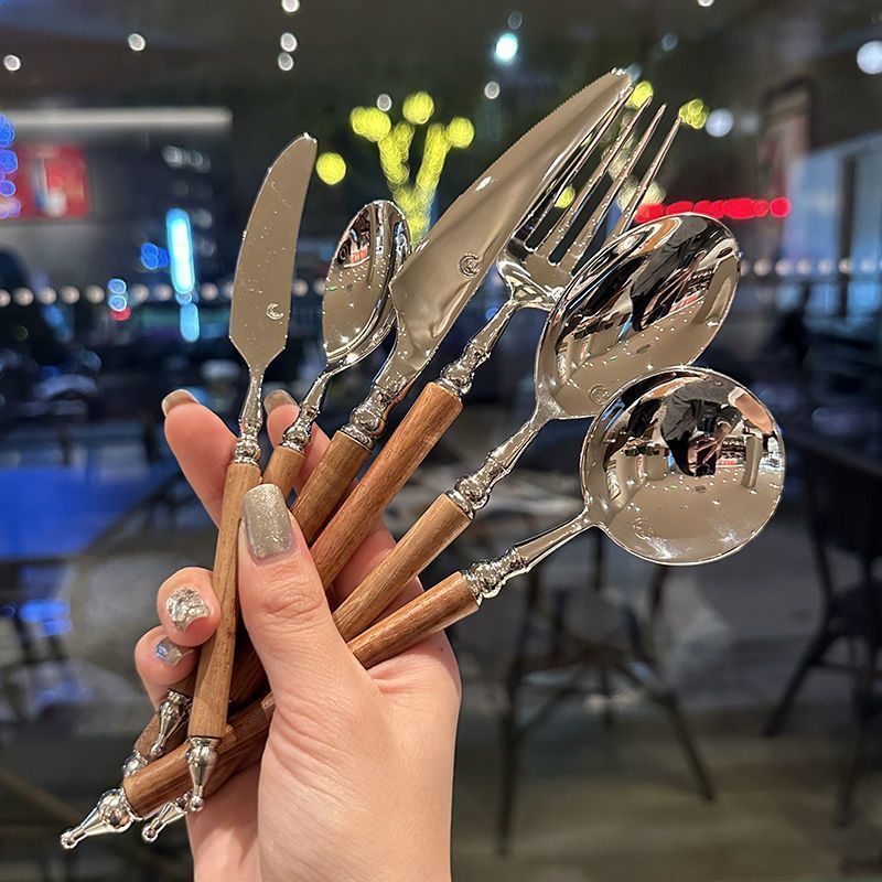 不锈钢餐具仿黄花梨木柄刀叉勺子图片