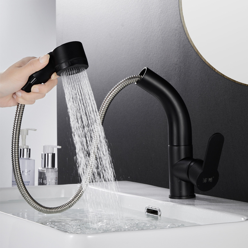 黑色抽拉升降铜面盆水龙头冷热浴