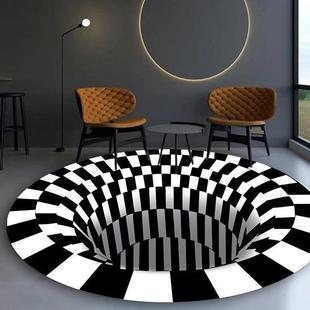 新款 错觉立体圆形地毯黑白格子视觉陷阱地毯3D螺旋茶几地垫水晶