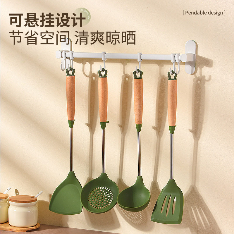 食品级硅胶锅铲汤勺厨房家用四件套木柄不粘锅硅胶漏勺煎铲套装