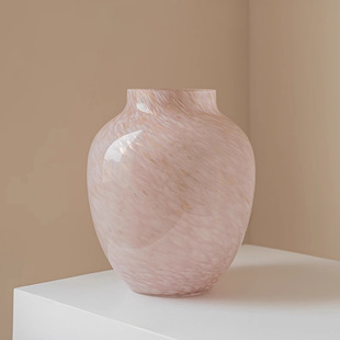 法式中古浅粉玻璃特别好看的花瓶摆件轻奢高档客厅桌面插花装饰品