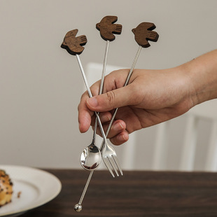 高颜值304不锈钢勺子黑胡桃木南燕甜品勺搅拌棒水果叉咖啡勺