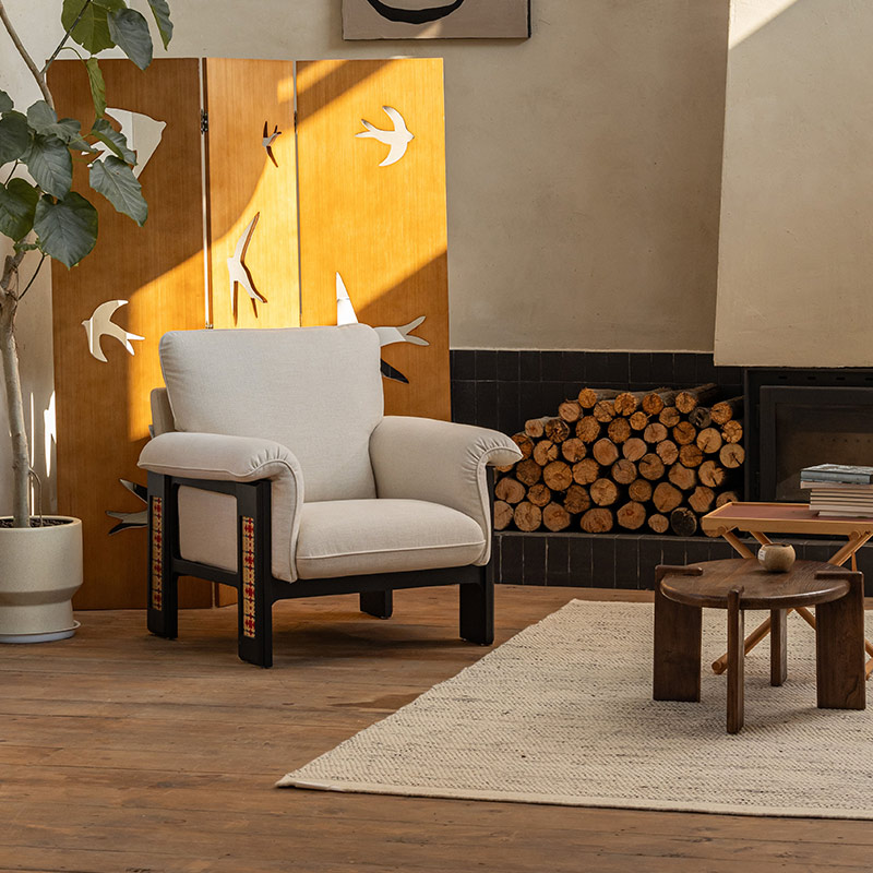 支吾云沙椅非遗竹编单人棉麻布艺沙发法式复古实木中古客厅休闲椅