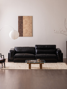 支吾曜石真皮沙发大黑牛中古风黑色油蜡皮客厅直排沙发政府补贴