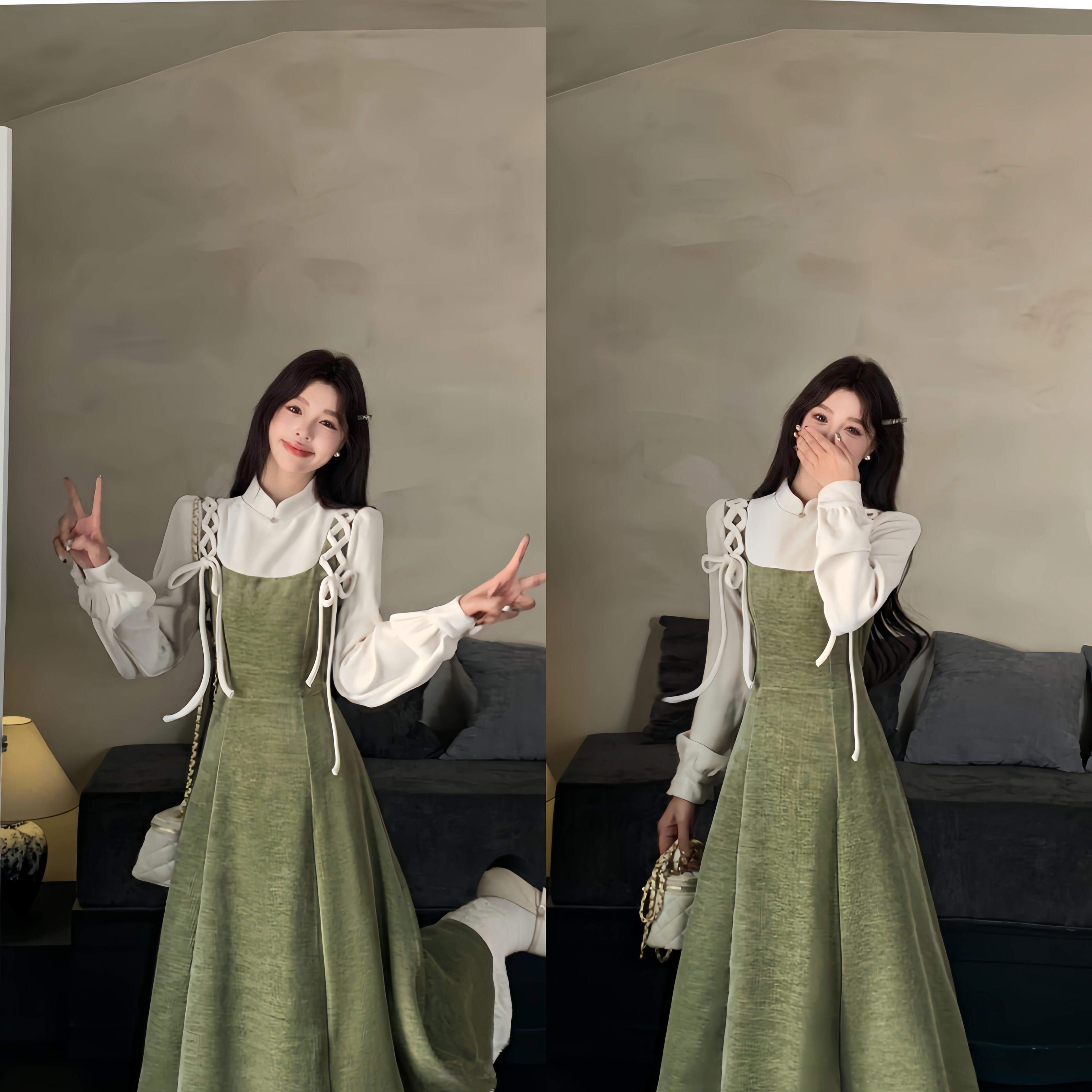 实拍~ 法式复古超好看假两件连衣裙女秋冬新款设计感别致显瘦裙子