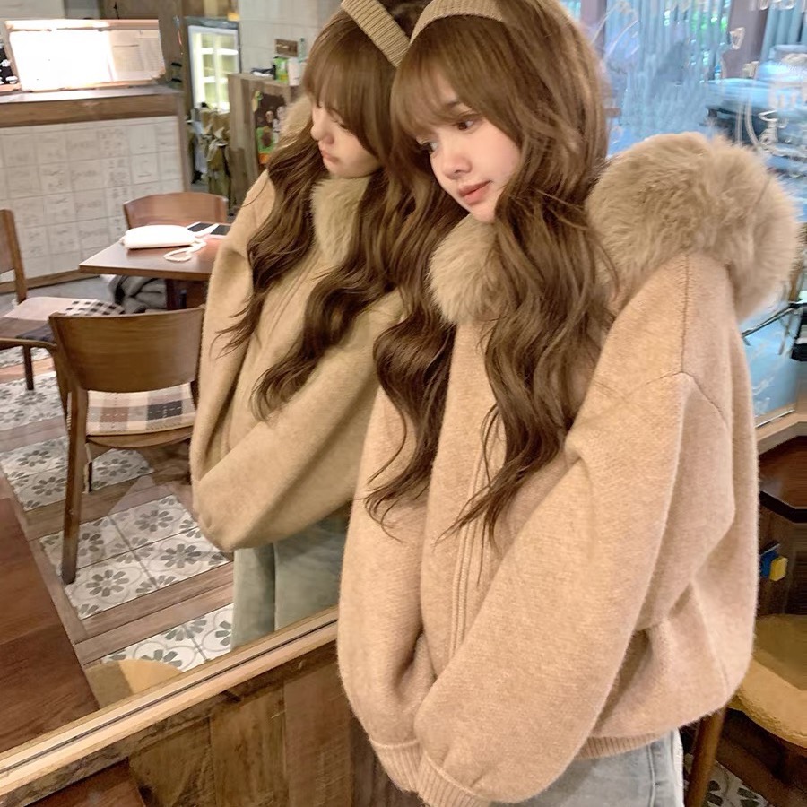 韩系高级感大毛领连帽针织开衫毛衣女秋冬宽松外传慵懒风外套上衣