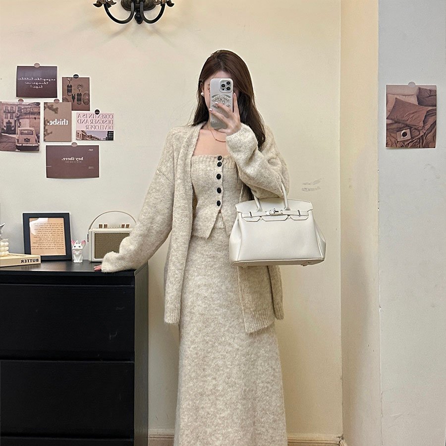 实拍大码女装慵懒毛衣开衫外套抹胸背心针织半身裙三件套套装女