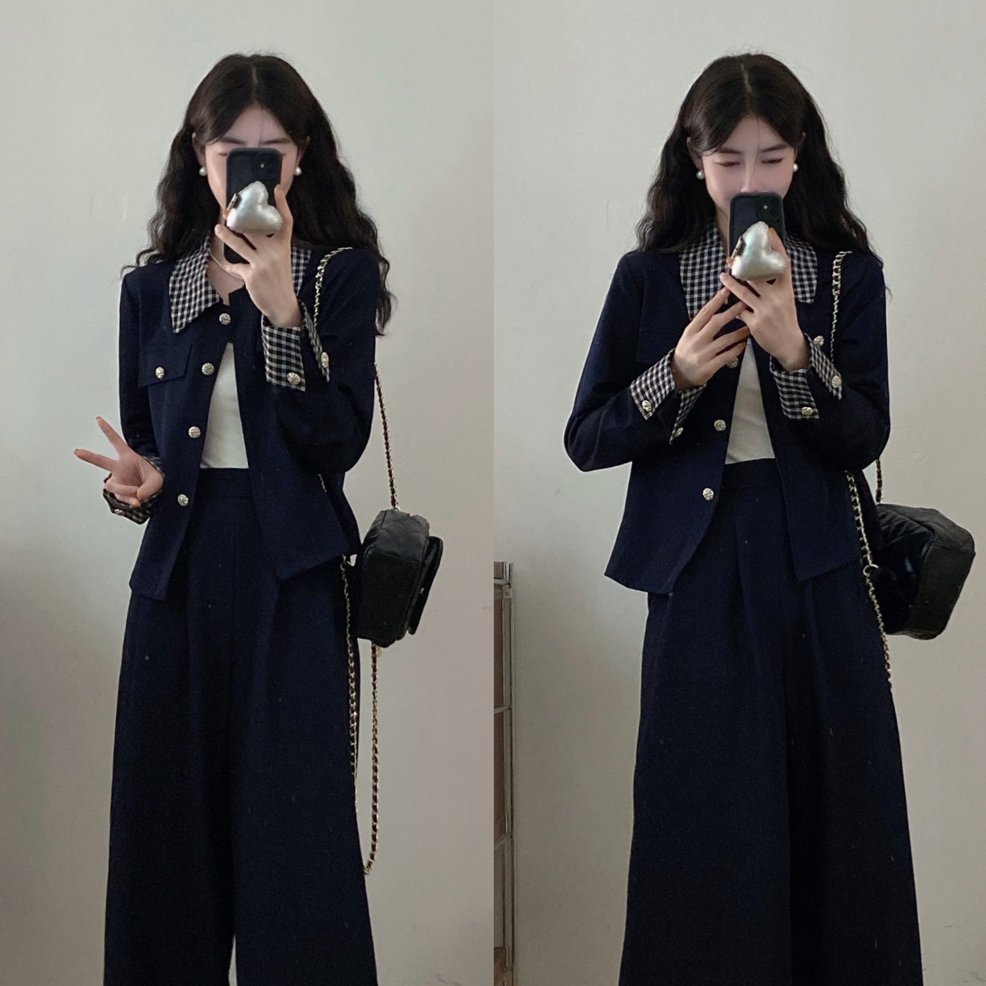 实拍 大码女装胖mm新款格子拼接气质显瘦时尚外套+阔腿裤套装