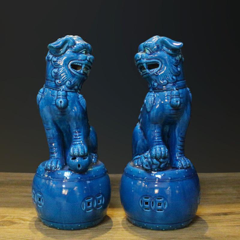陶瓷蓝色陶瓷狮子摆件工艺品式 家居软装饰摆设瓷狮子一对