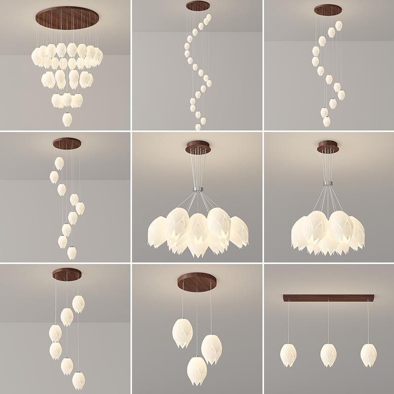 中古风创意荷花别墅复式楼大吊灯奶油旋转楼梯灯酒店客厅大长吊灯