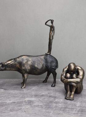 新中式树脂牧童站牛人物雕塑卧室书房电视柜桌面家居软装饰品摆件