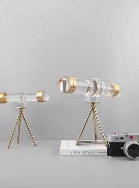 北欧轻奢创意水晶金属望远镜摆件样板间客厅桌面玄关家居装饰品