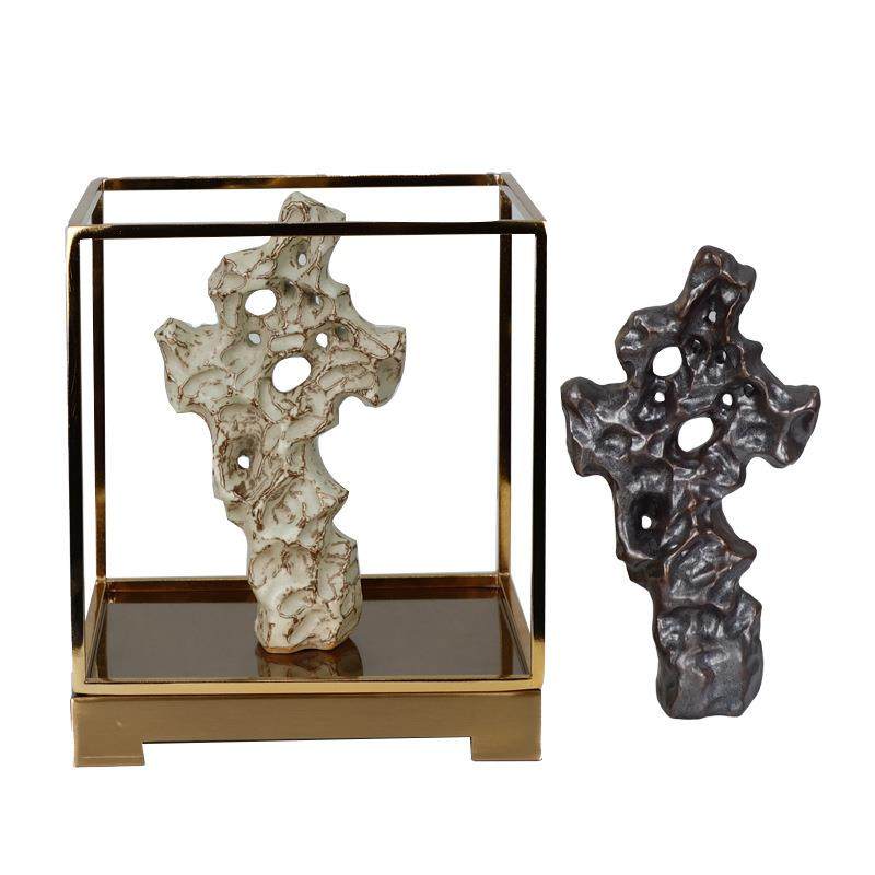 新中式禅意金属陶瓷太湖石铁框摆件样板房博古架售楼处艺术品装饰