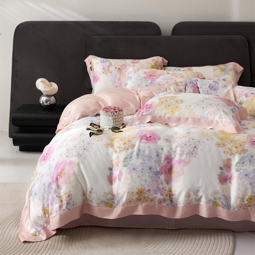 夏季兰精天丝四件套田园花卉印花凉感裸睡被套春夏床上用品