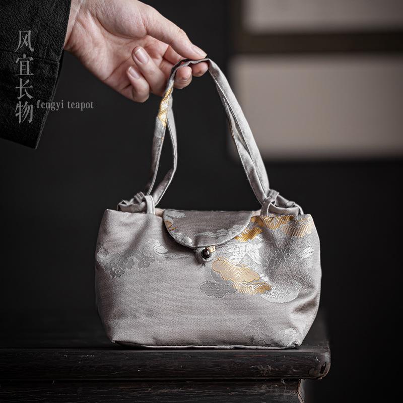 茶具收纳包旅行户外泡茶小布包便携手提中式织锦祥云一壶两杯布袋