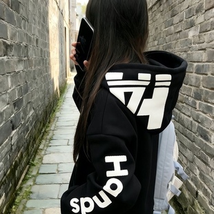 美式慵懒chic卫衣连帽国潮复古重磅女款刺绣情侣加绒加厚帽衫外套