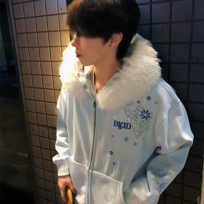 座山雕雪花毛领连帽拉链卫衣男款