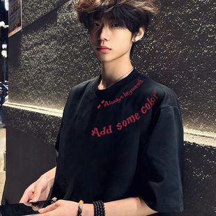 短袖男款潮牌高级感情侣t恤青少年印花重磅高街纯棉新款圆领上衣