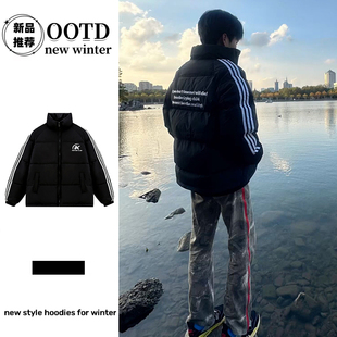 潮流重磅三条杠复古保暖羽绒服男美式休闲宽松冬季立领棉服棉袄潮