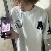 国潮美式 上衣 刺绣男t恤重磅纯棉纯棉小众设计感半袖 高街短袖 男款