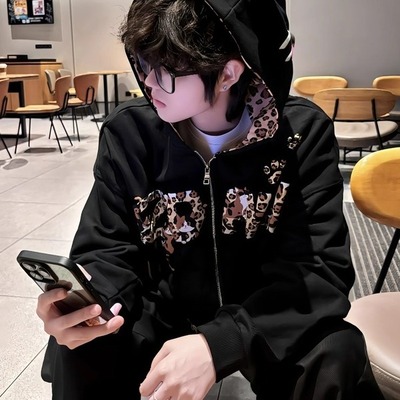 秋冬豹纹小猫开衫外套卫衣男款