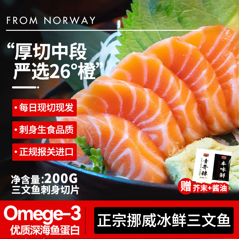 [当日现切]挪威三文鱼刺身中段鱼腩冰鲜大西洋鲑鱼生鱼片寿司料理