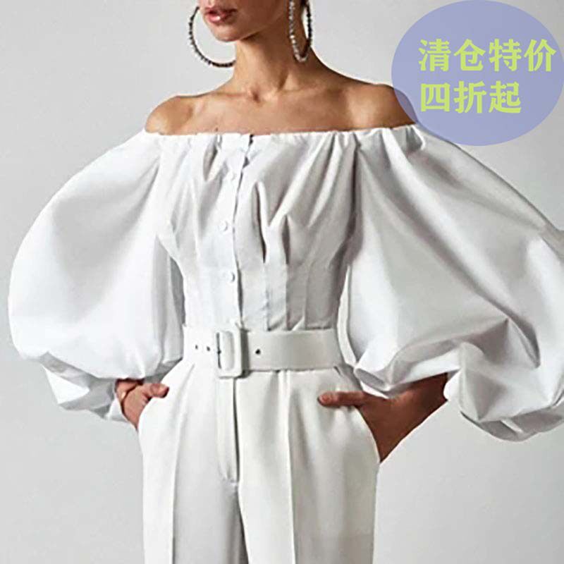 2024新款气质修身灯笼袖一字领漏肩纯色单排扣衬衫上衣女
