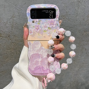 ins风小清新粉紫色油画感花朵适用三星zflip3/4手机壳高级感zflip4波浪折叠手机套zflip5/6硅胶防摔保护套女