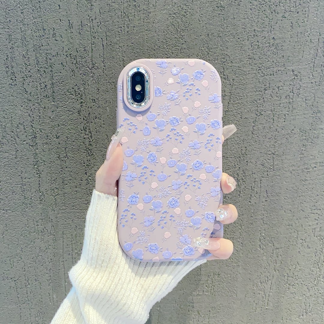 ins风紫蓝色玫瑰花草适用苹果15promax手机壳新款高级感小众iphone14/13小清新网红手机套12/11/XS防摔外壳女