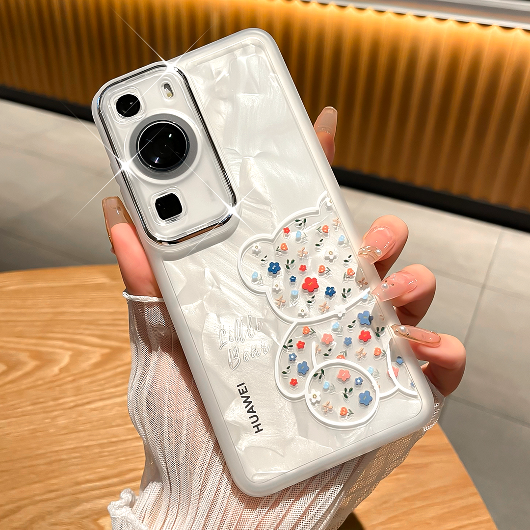 ins风碎花小熊适用华为p60pro手机壳新款pura70自带镜头膜手机套p40pro高级感网红简约全包防摔硅胶保护套女