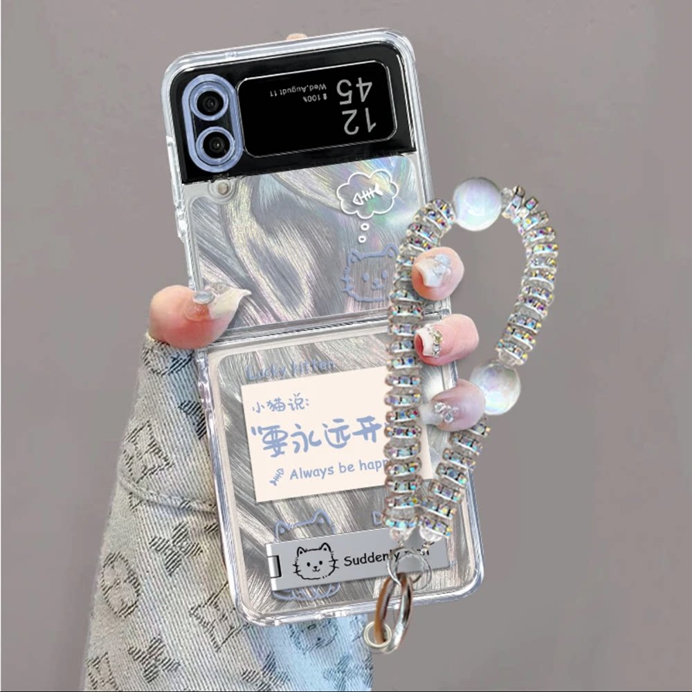 ins风可爱小猫要永远开心适用三星zflip3/4手机壳高级感渐变羽纱纹折叠网红手机套zflip5/6硅胶防摔保护套女