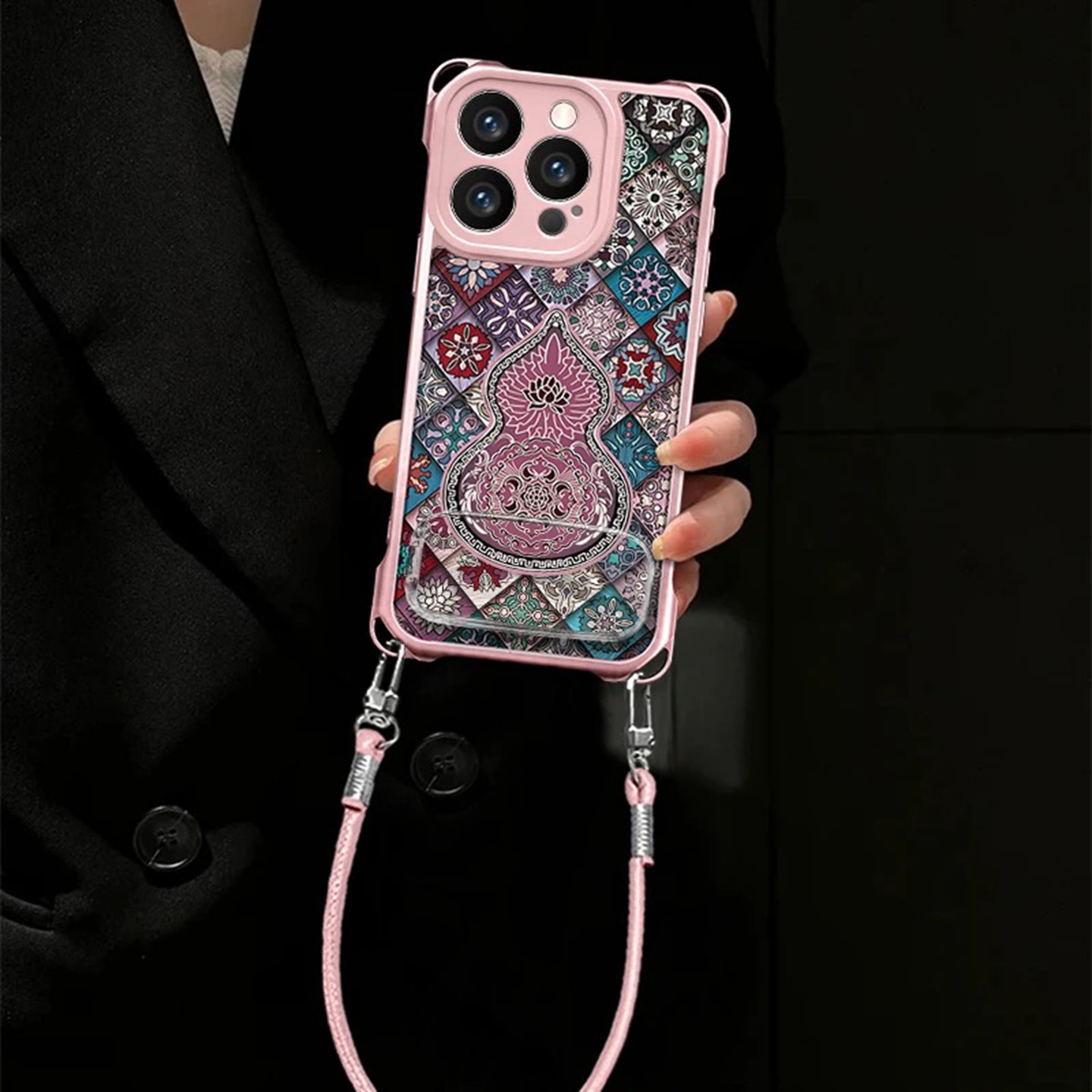 复古图腾葫芦适用苹果16promax手机壳新品高级感iPhone17pro网红爆款手机壳15/14四角挂绳防摔外壳保护套女生