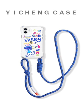 蓝色涂鸦小狗原创适用三星s24ultra手机壳s22+斜挎挂绳s20fe/a145g四角开孔a24卡通a25透明a33挂绳a54创意a73