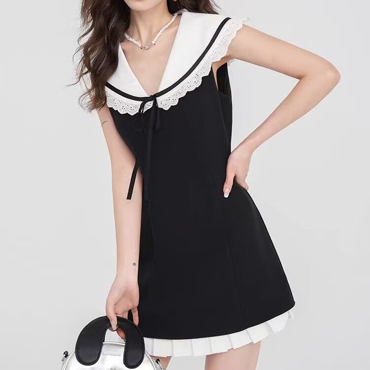 法式赫本风海军领连衣裙女夏季显瘦名媛风小个子气质千金感小黑裙