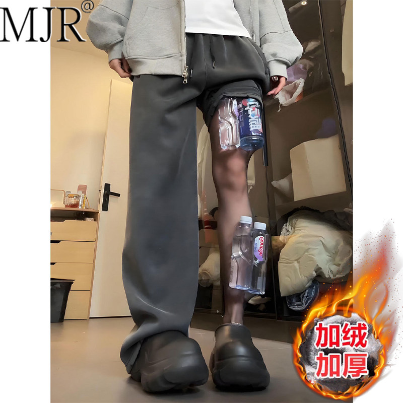 高级感美式复古弯刀裤男款冬季加绒卫裤2026新款宽松直筒运动男裤