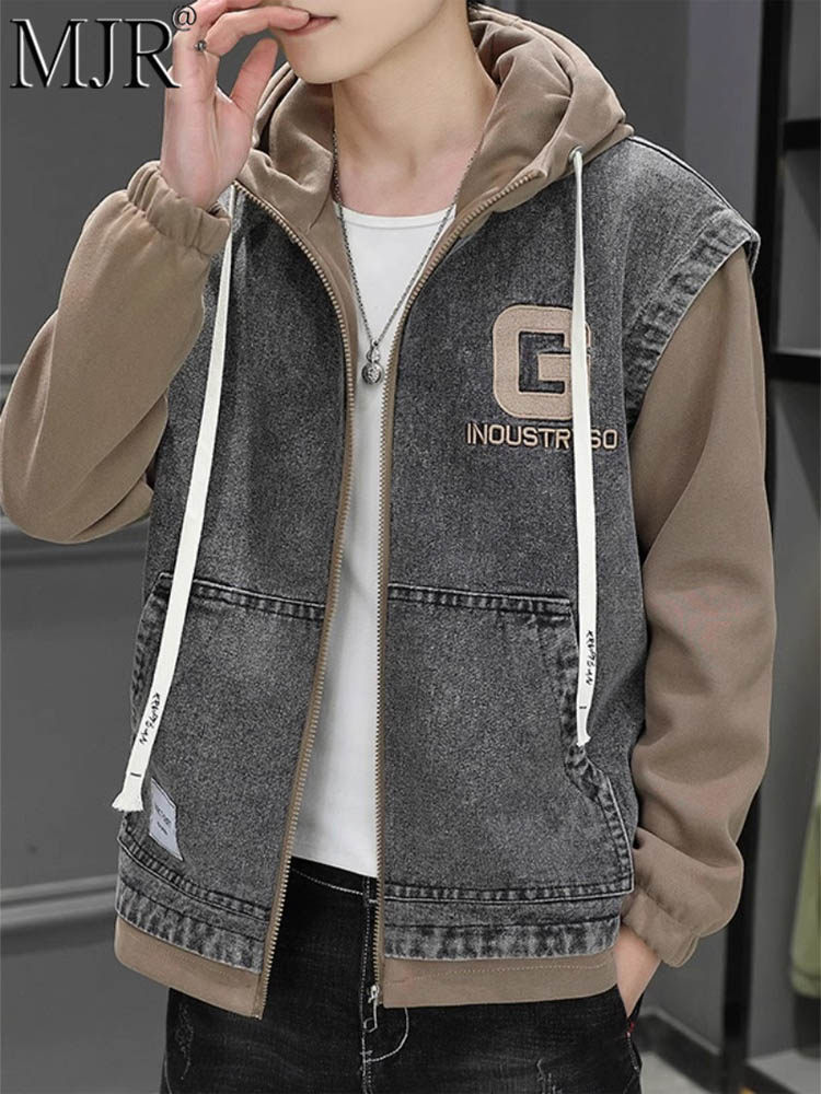 假两件拼接牛仔外套男加绒2025年春秋冬季新款潮流宽松连帽夹克衫