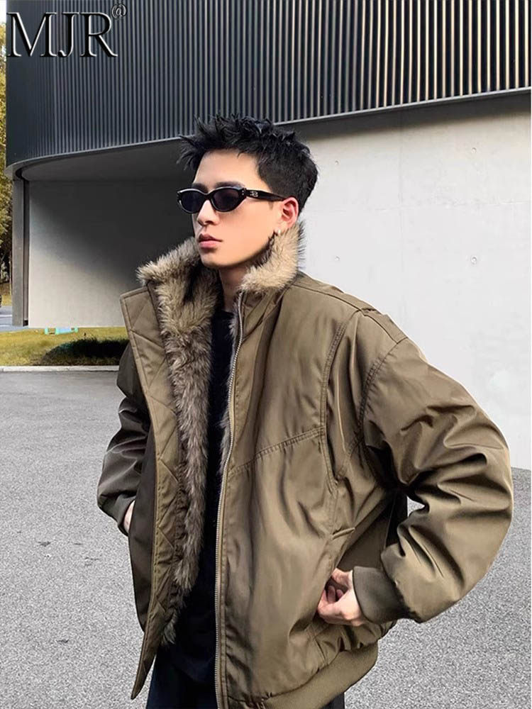 军绿色夹克棉服男款冬季潮牌美式工装毛领外套短款时尚棉衣服冬装