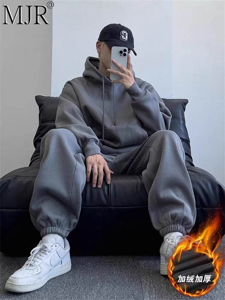 潮牌休闲运动套装男款冬季宽松加绒加厚卫衣卫裤男生潮流一套穿搭
