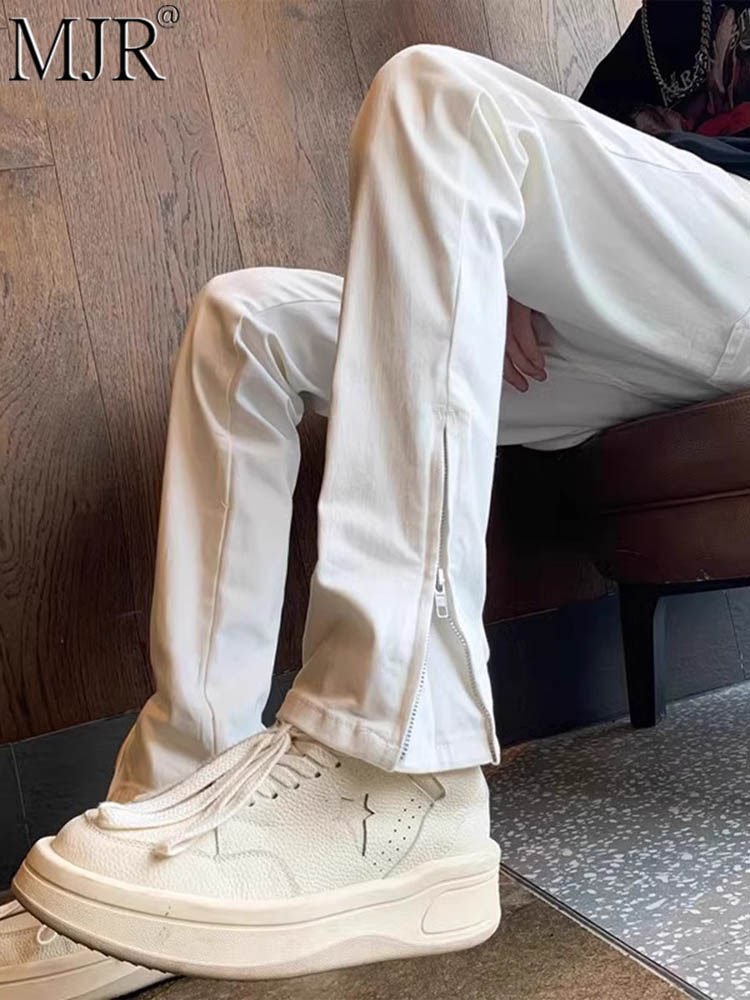 男士白色牛仔裤春款穿搭美式vibe裤潮牌痞帅男裤子拉炼微喇裤男款