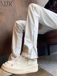 男士白色牛仔裤春款穿搭美式vibe裤潮牌痞帅男裤子拉炼微喇裤男款