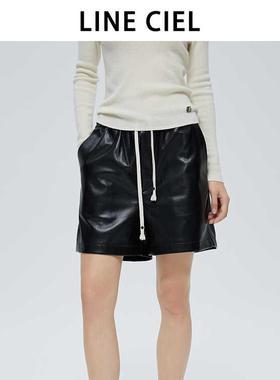 LINE CIEL超软真蛋白抽绳皮裤短裤休闲显瘦阔腿短裤女时尚黑色