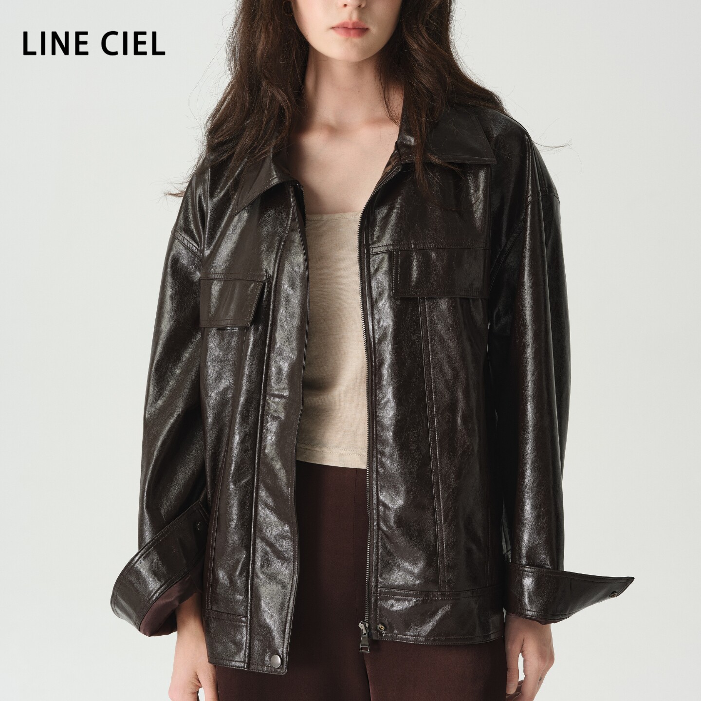 LINE CIEL复古廓型翻领PU皮衣拉链夹克外套26秋季新品简约大气