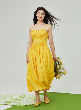 ROSEPLUS 大码遮肉中长款海边露肩沙滩度假风黄色A字吊带连衣裙