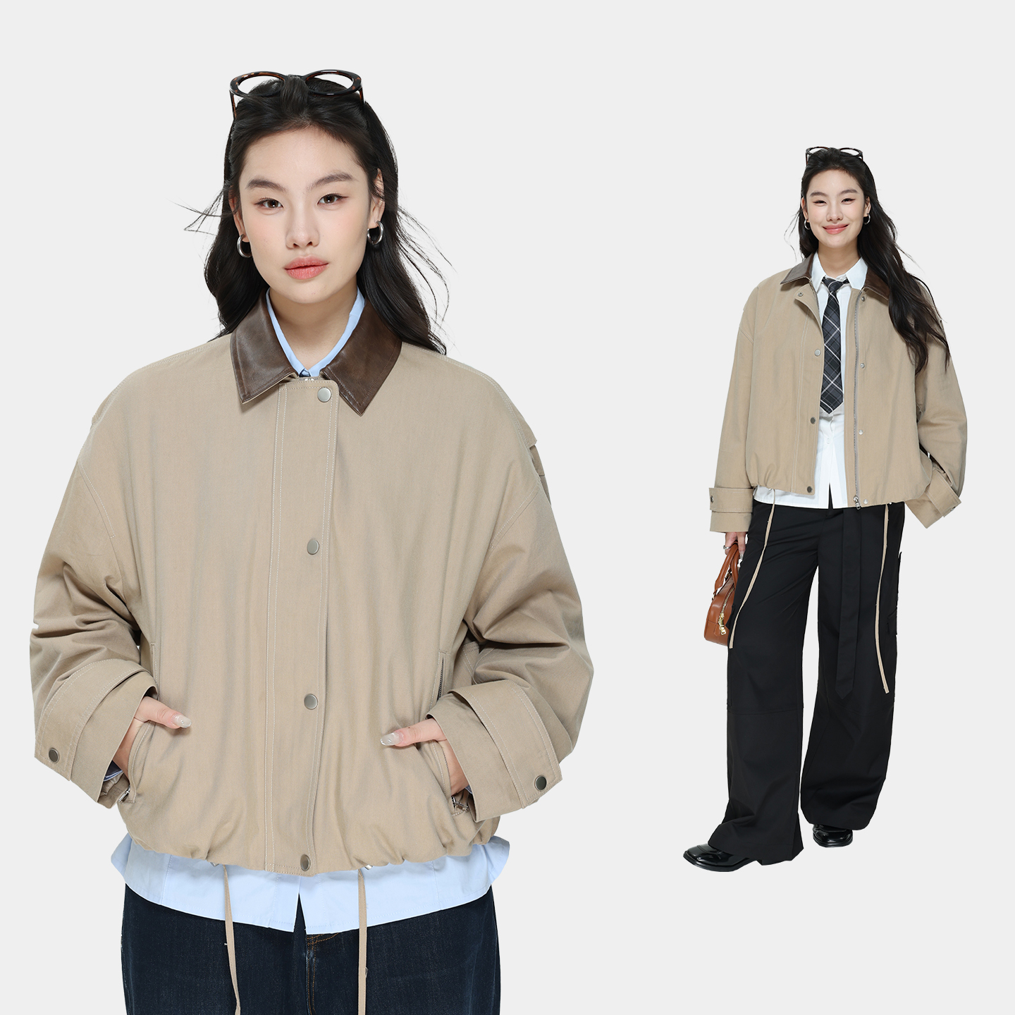 ROSEPLUS大码长袖POLO领复古夹克女秋冬胖mm宽松麂皮拼色短外套