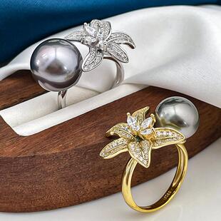 13-14mm百合花款大溪地黑珍珠戒指925银大点位海水开口送爱人
