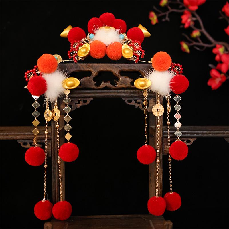 新年红色毛球发冠对夹过年喜庆儿童超可爱招财铜钱流苏吊坠配饰品