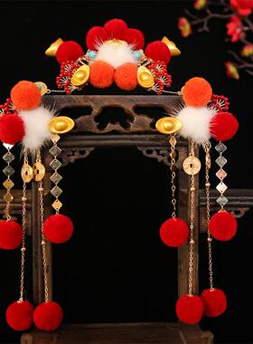 新年红色毛球发冠对夹过年喜庆儿童超可爱招财铜钱流苏吊坠配饰品